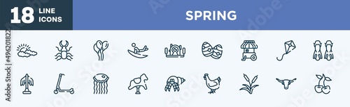 set of spring icons in outline style. spring thin line icons collection. cloudy  stag beetle  balloons  surf  underwater photography  easter egg vector.