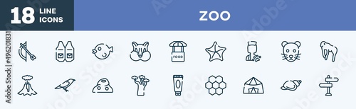 set of zoo icons in outline style. zoo thin line icons collection. bow and arrow, waistcoat, puffer fish, chipmunk, food stand, starfish vector.
