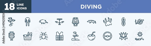 set of diving icons in outline style. diving thin line icons collection. beans, diving suit, porcupine, picnic table, oil lamp, badger vector.