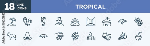 set of tropical icons in outline style. tropical thin line icons collection. sun umbrella, flip flops, sun lotion, sand castle, sunrise, cataract vector.