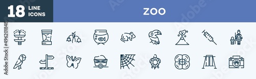 set of zoo icons in outline style. zoo thin line icons collection. fountain, sun cream, harebell, aquarium, rat, toucan vector.