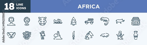 set of africa icons in outline style. africa thin line icons collection. african man, location pin, hippopotamus, sled, pine, vector.