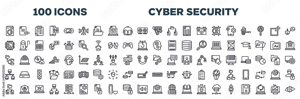 set of cyber security icons in editable thin line style. cyber security outline icons collection. ransomware, computer networks, web hosting, prototyping, encrypted data, usb flash drive stock vector.