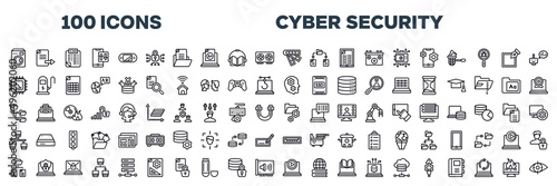 set of cyber security icons in editable thin line style. cyber security outline icons collection. ransomware, computer networks, web hosting, prototyping, encrypted data, usb flash drive stock vector.