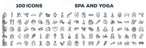 set of spa and yoga icons in editable thin line style. spa and yoga outline icons collection. mustache shape, barefoot, female hair, scissors opened tool, stopclock, essence stock vector.