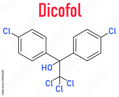 Dicofol organochlorine pesticide molecule. Skeletal formula. photo