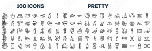 set of pretty icons in editable thin line style. pretty outline icons collection. after shave, hair cut, blush brush, women handbag, big perfume bottle, inclined makeup brush stock vector.