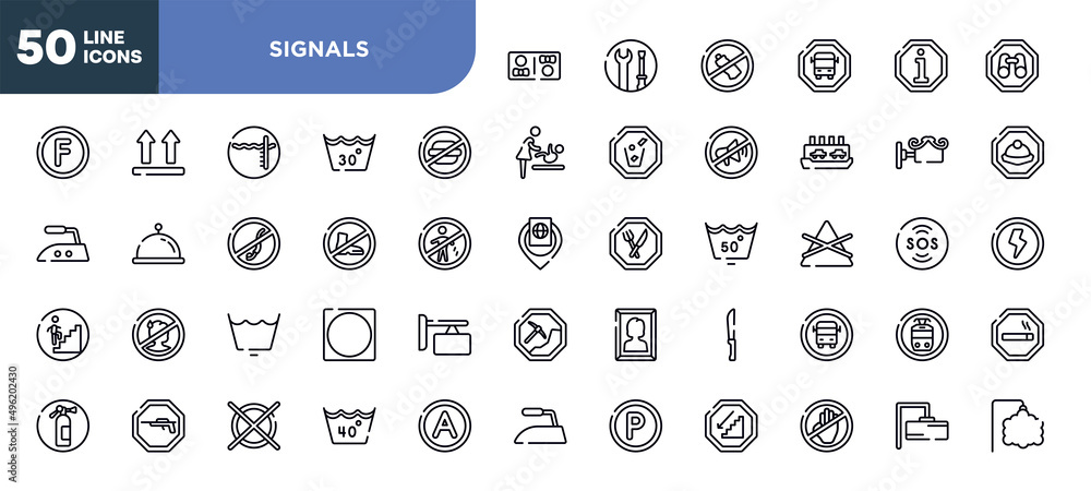 set of signals icons in trendy outline style. signals thin line icons collection. store board, mining work zone, woman portrait, strong knife, school bus stop, tram stop, smoke zone vector. set of signals icons in trendy outline style. signals thin line icons collection. store board, mining work zone, woman portrait, strong knife, school bus stop, tram stop, smoke zone vector.