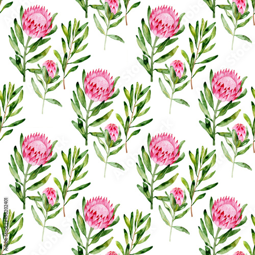 Seamless pattern with watercolor hand-painted exotic flowers of protea and leaves. It is well suited for designer wallpaper  fabric printing  wrapping paper  fabric  laptop covers  notebooks.
