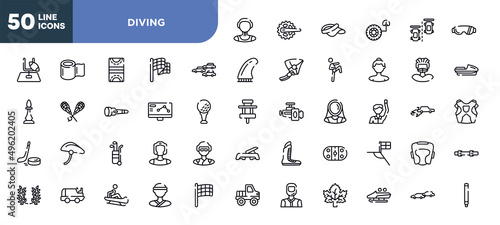 set of diving icons in trendy outline style. diving thin line icons collection. skydiver, fitness step, boxing shoe, arena, football flag, headgear, diving belt vector.