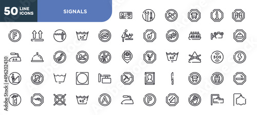 set of signals icons in trendy outline style. signals thin line icons collection. store board, mining work zone, woman portrait, strong knife, school bus stop, tram stop, smoke zone vector.