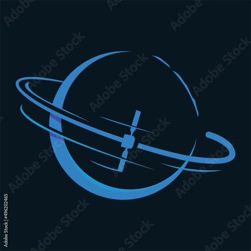 Vector icon illustration of a satellite orbiting a planet