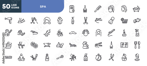 set of spa icons in trendy outline style. spa thin line icons collection. shaving foam, sunbed, hot stones, hair straightener, hair dye brush, hair color sample, pets salon tools kit vector.