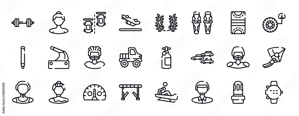 diving thin line icons collection. diving editable outline icons set. hockey pitch, tire pressure, glowstick, handbrake, rugby player, off road stock vector.