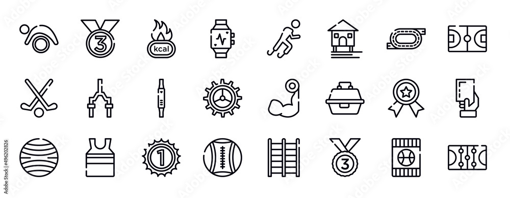 winter sport thin line icons collection. winter sport editable outline icons set. race track, basketball field, field hockey, bicycle fork, fitness watch, crank stock vector.