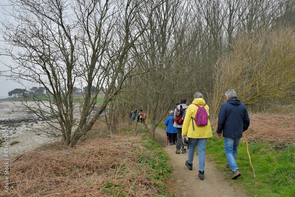 Group of senior hikers walking on a path in Brittany. France Group of senior hikers walking on a path in Brittany. France