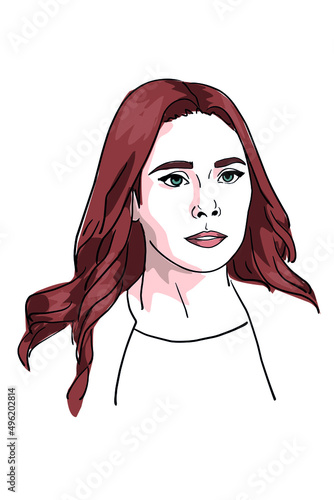 fashion sketch portrait young girl with long red hair blue eyes cartoon woman