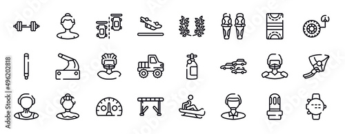diving thin line icons collection. diving editable outline icons set. hockey pitch, tire pressure, glowstick, handbrake, rugby player, off road stock vector.
