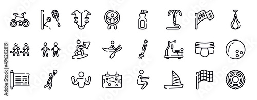 bicycle thin line icons collection. bicycle editable outline icons set. checkered flag, speed bag, home team, body mass index, wakeboarding, kayaking stock vector.