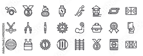 winter sport thin line icons collection. winter sport editable outline icons set. race track, basketball field, field hockey, bicycle fork, fitness watch, crank stock vector.