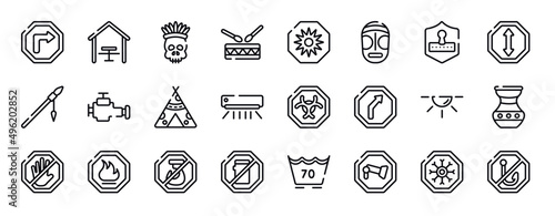 pictograms thin line icons collection. pictograms editable outline icons set. safety code, ahead, native american spear, malfunction indicador, native american wigwam, air condition stock vector.