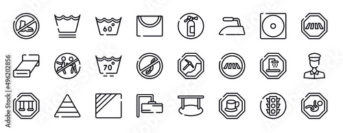 indications thin line icons collection. indications editable outline icons set. dry low heat, crossing road caution, bed 3d view, chasing prohibited, null, no diving stock vector.