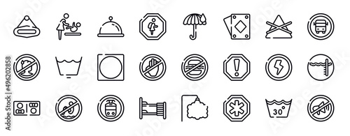 swimming pool rules thin line icons collection. swimming pool rules editable outline icons set. do not bleach, school bus stop, sick people not allowed, wash cycle permanent press, circle inside