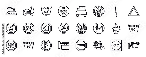 signals thin line icons collection. signals editable outline icons set. strong knife, any bleach, throw to the bin, no littering, walking downstairs, null stock vector.