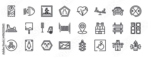 signals set thin line icons collection. signals set editable outline icons set. car frontal view, railroad crossing, baby toilet, uneven, car traffic, zebra crossing stock vector.