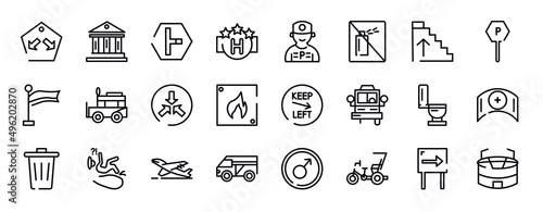 poi public places thin line icons collection. poi public places editable outline icons set. ascending stairs  parking  plain flag  ney  converging  fire triangular stock vector.