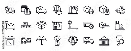 logistic & delivery thin line icons collection. logistic & delivery editable outline icons set. locked pack, delivery timer, box weight, containers, open pack, tagged package stock vector.