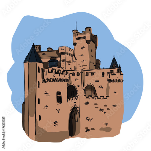 cartoon illustration fantasy old medieval tower history kingdom blue sky old castle