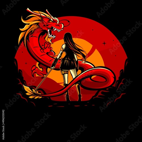 Vector illustration of female swordsman facing a dragon