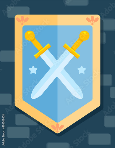 Knight s shield on the castle wall. Vector coat of arms with crossed swords.