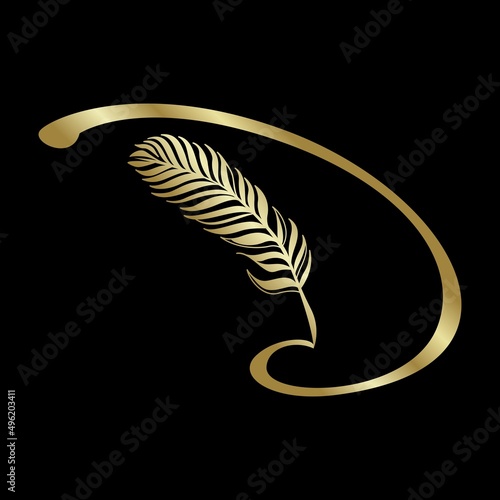 Gold feather shaped letter D vector icon illustration