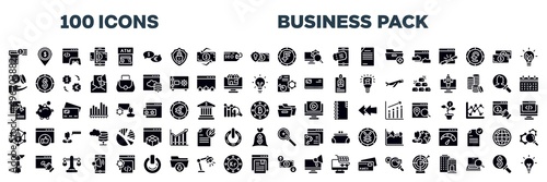 set of business pack icons in filled style. editable glyph icons collection. account balance, dollar spot, game developing, money on smartphone, atm card, talking about money stock vector.