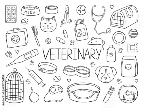 Hand drawn set of Pets veterinary doodle. Supplies and accessories for dogs and cats in sketch style: bowl, toys, collar, food, kennel. Vector illustration isolated on white background.