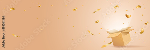 Festive stylish box for purchase through the online store online for the promotion with home delivery by courier for your poster with the product and the text. Design a banner for the 2021 app. Vector