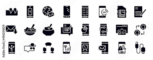 mobile phones filled icons collection. editable vector glyph icons set. phone  chip, writing letter, receiving email, mashed potato, porridge, edit document illustration.