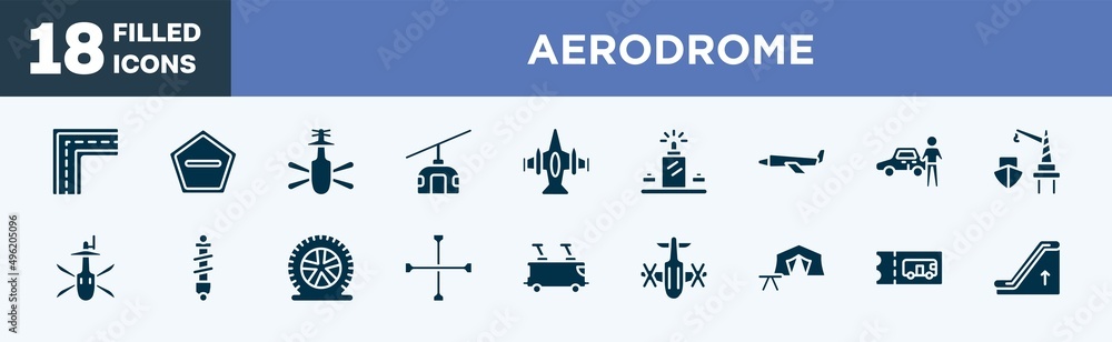 set of aerodrome icons in filled style. aerodrome editable glyph icons collection. broken line, do not enter, helicopter bottom view, funifor, army airplane bottom view vector.