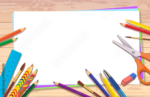 Vector drawing table. The space on the table is all for creativity and hobbies. The concept of a lesson at school in fine arts or labor. Background and elements for craft decoration design 