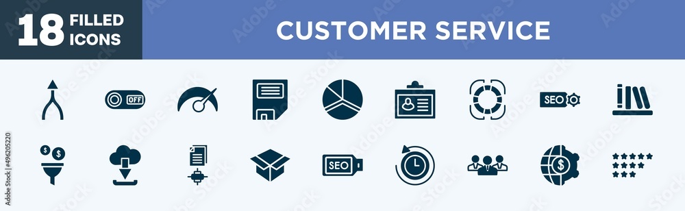 set of customer service icons in filled style. customer service editable glyph icons collection. merging, on, velocity, disquette, charts vector. set of customer service icons in filled style. customer service editable glyph icons collection. merging, on, velocity, disquette, charts vector.
