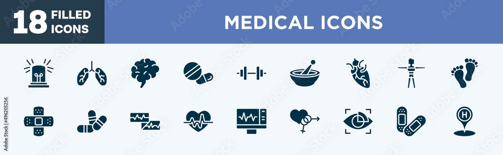 set of medical icons icons in filled style. medical icons editable glyph collection. emergency light, lungs organ, human brain, medical pill, weight vector. set of medical icons icons in filled style. medical icons editable glyph collection. emergency light, lungs organ, human brain, medical pill, weight vector.