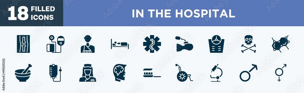 set of in the hospital icons in filled style. in the hospital editable glyph icons collection. x ray of bones, blood pressure control tool, man with broken arm, illness on bed, star of life vector. set of in the hospital icons in filled style. in the hospital editable glyph icons collection. x ray of bones, blood pressure control tool, man with broken arm, illness on bed, star of life vector.