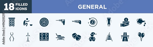 set of general icons in filled style. general editable glyph icons collection. office cabinet, poor, insurance with a button, perforator, stationery knife vector.