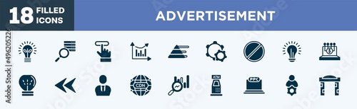 set of advertisement icons in filled style. advertisement editable glyph icons collection. ecological lightbulb, data searching, subscription, analytic chart, pyramid stats vector. © VectorStockDesign