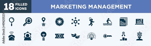 set of marketing management icons in filled style. marketing management editable glyph icons collection. magnifier tool, headhunting, home address, function, project scheme vector.