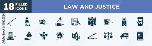 set of law and justice icons in filled style. law and justice editable glyph icons collection. baton, convict, employment, qualified protection, legal paper vector.