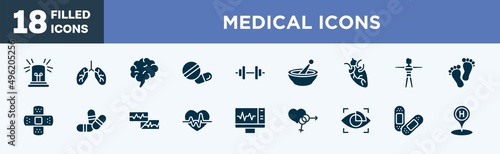 set of medical icons icons in filled style. medical icons editable glyph collection. emergency light, lungs organ, human brain, medical pill, weight vector.
