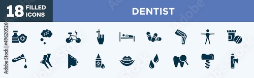 set of dentist icons in filled style. dentist editable glyph icons collection. immunity drugs, zzz sleep, bicycle healthy transport, hand finger with a ribbon, human sleeping on bed vector.